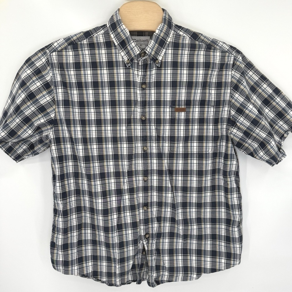 Carhartt Shirt Mens XL Navy Blue Plaid Short Sleeve Button Down Cotton Workwear